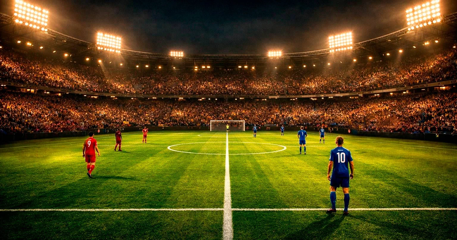 Stade de football illuminé la nuit avec supporters dans les tribunes