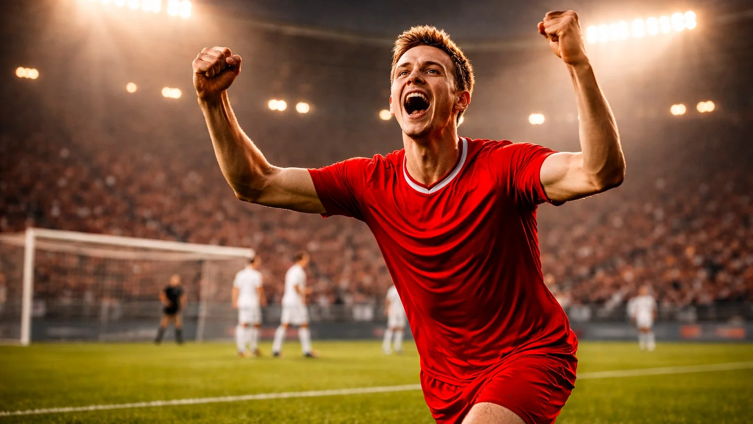 Attaquant de football c&eacute;l&eacute;brant un but devant les tribunes