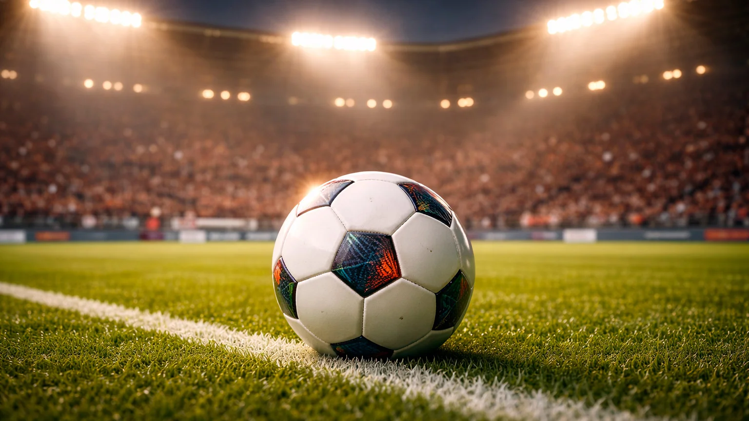 Ballon de football sur pelouse verte de stade éclairé