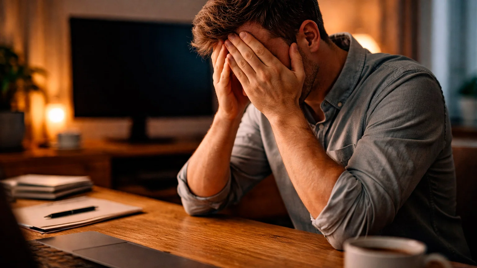 Personne la t&ecirc;te dans les mains devant un &eacute;cran