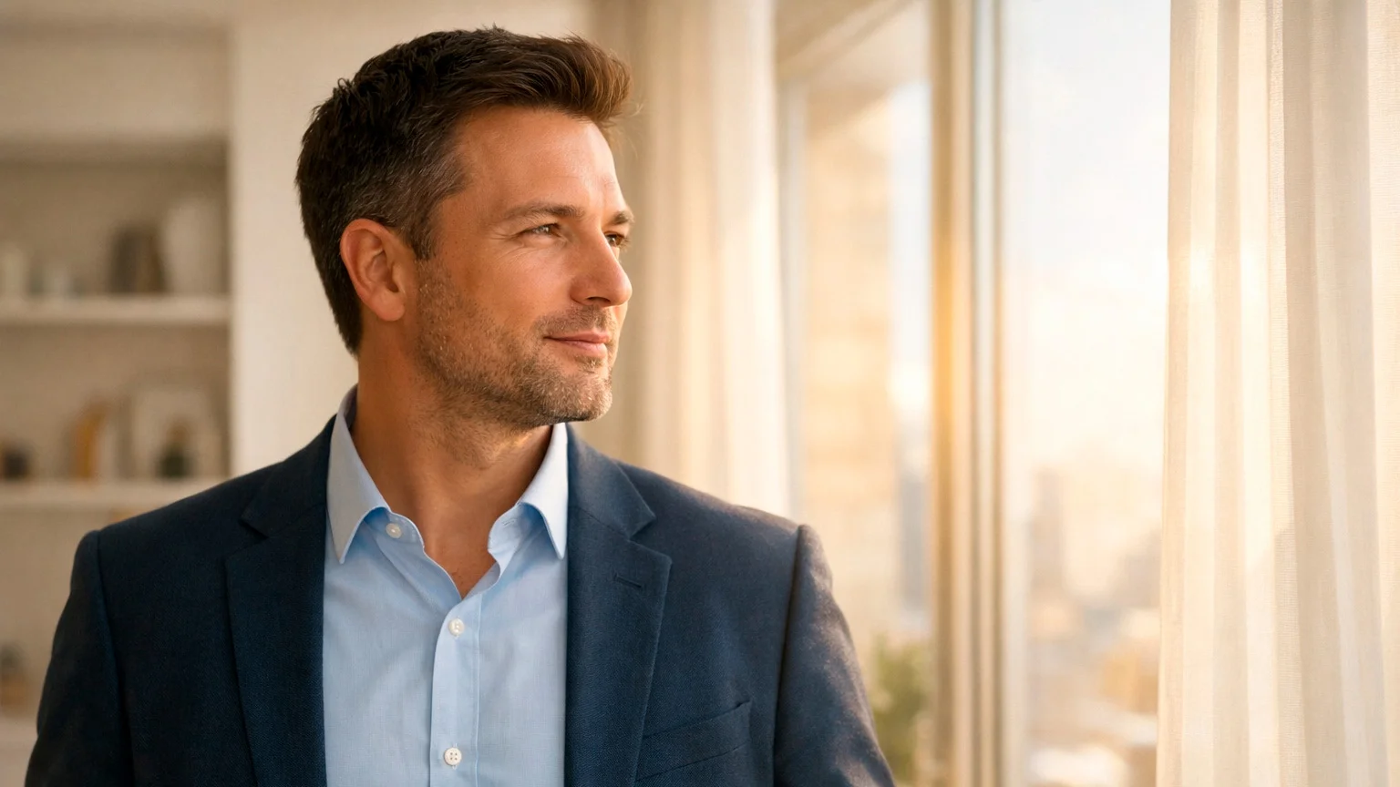 Homme calme et confiant regardant par la fen&ecirc;tre