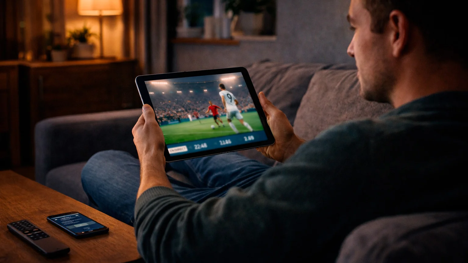 Personne regardant un match sur tablette avec smartphone