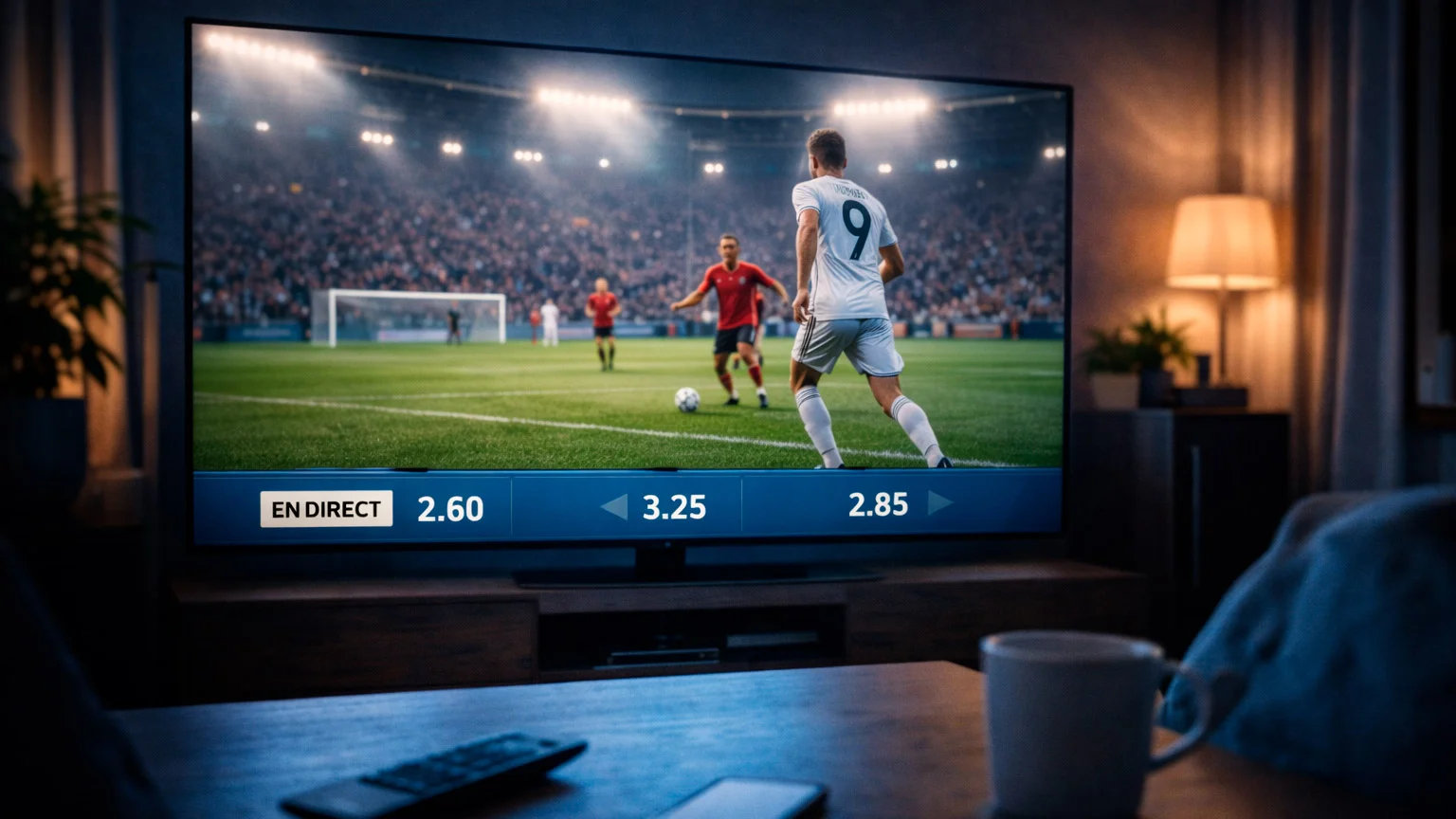 Match de football en cours sur écran avec cotes en direct