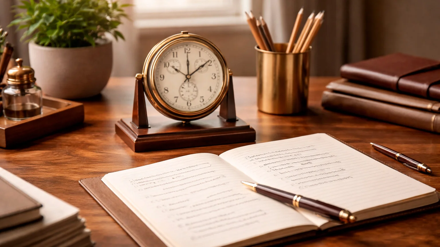 Chronomètre et bloc-notes sur bureau organisé