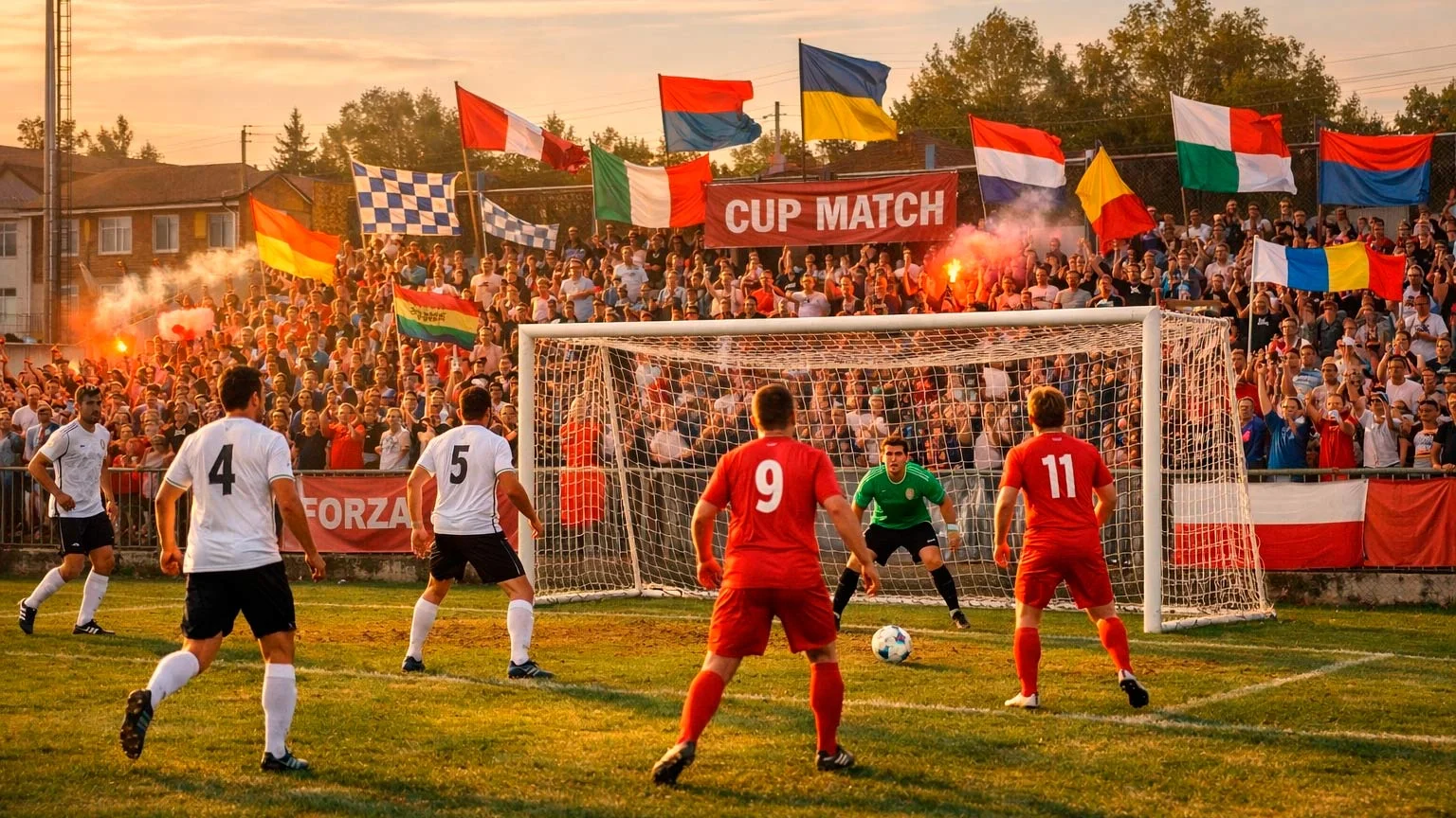 Supporters c&eacute;l&eacute;brant dans un petit stade de coupe