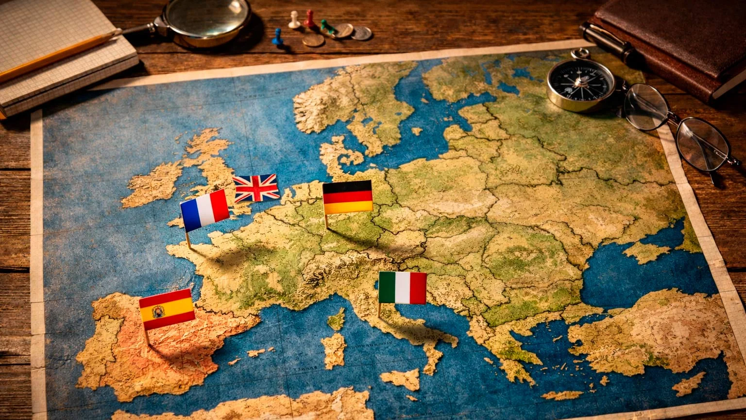 Carte de l'Europe avec drapeaux des championnats de football