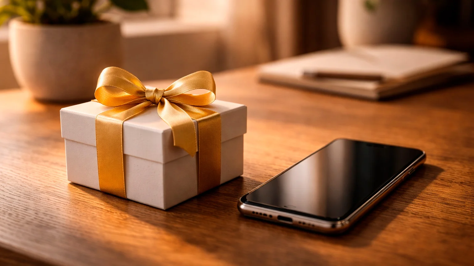 Cadeau avec ruban sur bureau &agrave; c&ocirc;t&eacute; d'un smartphone