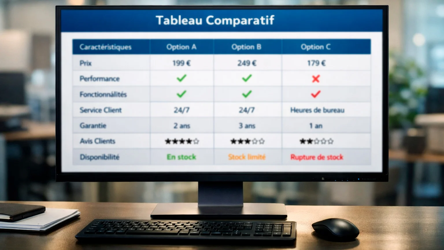 Tableau comparatif sur &eacute;cran d'ordinateur