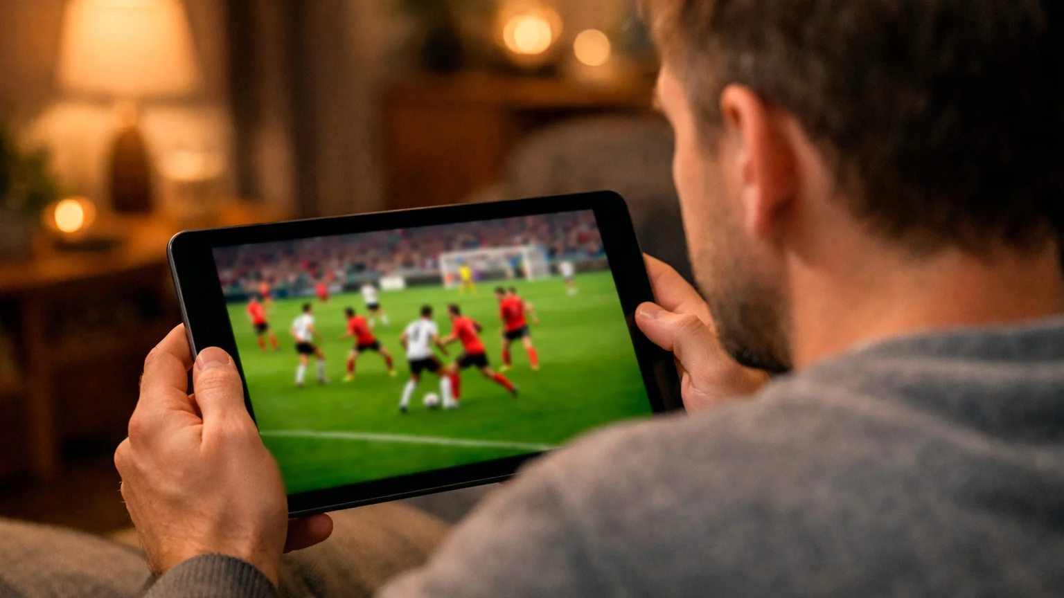 Supporter regardant un match de football en direct sur tablette