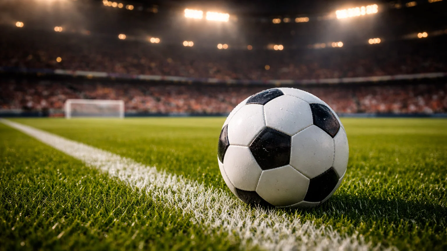 Ballon de football sur une pelouse verte avec marquages blancs du terrain